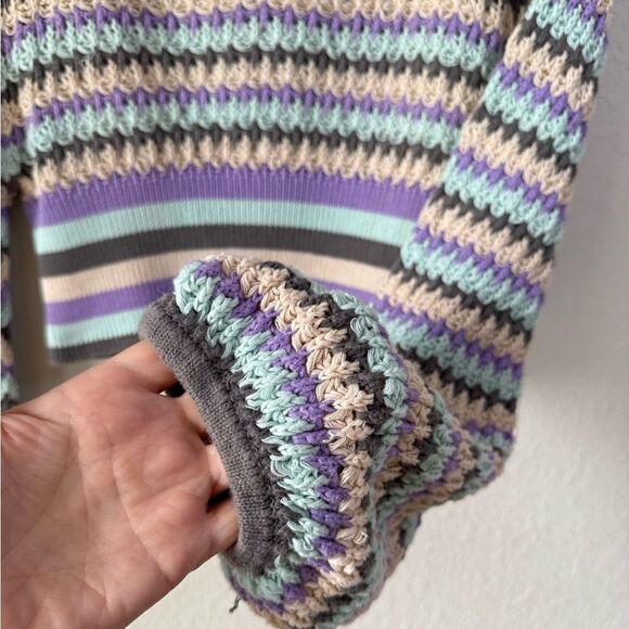 ZARA Women’s Striped Crochet Knit Cropped Sweater Top Puff Sleeve V-Neck Sz L - Picture 3 of 7